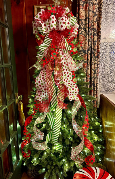 The Odessa Red & Green polka dot Christmas Tree Topper Bow, Christmas tree trimming bow, red and white bow for tree, christmas wreath bow