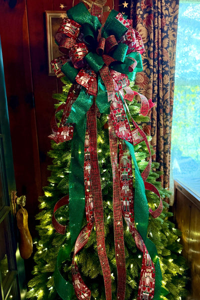 The Fritz Red Green & Gold Plaid Christmas Tree Topper Bow, Extra long Bow, Xmas plaid, Farmhouse Nutcracker Bow, ribbon topper