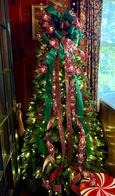 The Fritz Red Green & Gold Plaid Christmas Tree Topper Bow, Extra long Bow, Xmas plaid, Farmhouse Nutcracker Bow, ribbon topper