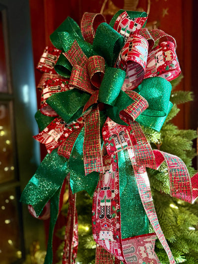 The Fritz Red Green & Gold Plaid Christmas Tree Topper Bow, Extra long Bow, Xmas plaid, Farmhouse Nutcracker Bow, ribbon topper
