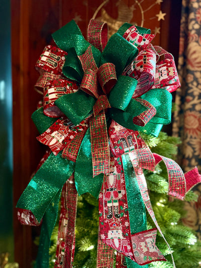 The Fritz Red Green & Gold Plaid Christmas Tree Topper Bow, Extra long Bow, Xmas plaid, Farmhouse Nutcracker Bow, ribbon topper