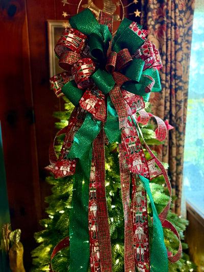 The Fritz Red Green & Gold Plaid Christmas Tree Topper Bow, Extra long Bow, Xmas plaid, Farmhouse Nutcracker Bow, ribbon topper