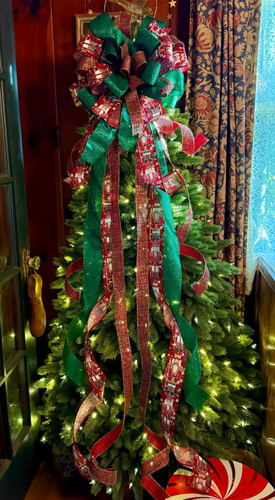 The Fritz Red Green & Gold Plaid Christmas Tree Topper Bow, Extra long Bow, Xmas plaid, Farmhouse Nutcracker Bow, ribbon topper