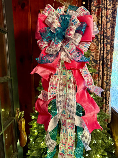 The Lilibet Pink & Turqoise Whimsical Christmas Tree Topper Bow, Nutcracker oversized bow, Big Candy cane tree topper, tree trimming bow
