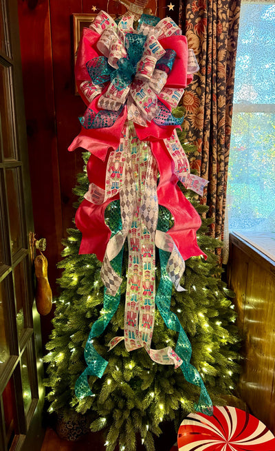 The Lilibet Pink & Turqoise Whimsical Christmas Tree Topper Bow, Nutcracker oversized bow, Big Candy cane tree topper, tree trimming bow