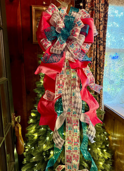 The Lilibet Pink & Turqoise Whimsical Christmas Tree Topper Bow, Nutcracker oversized bow, Big Candy cane tree topper, tree trimming bow