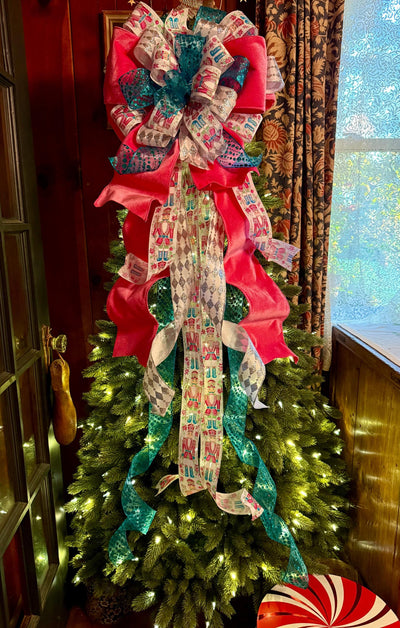 The Lilibet Pink & Turqoise Whimsical Christmas Tree Topper Bow, Nutcracker oversized bow, Big Candy cane tree topper, tree trimming bow