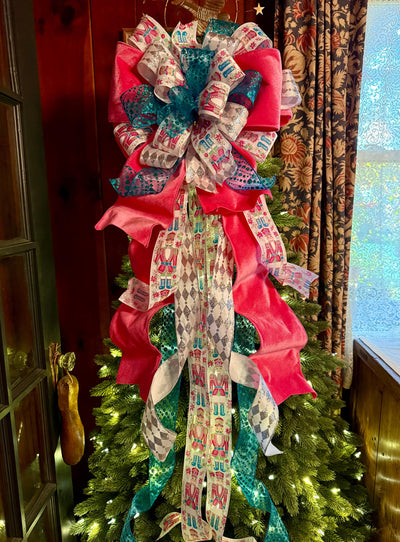 The Lilibet Pink & Turqoise Whimsical Christmas Tree Topper Bow, Nutcracker oversized bow, Big Candy cane tree topper, tree trimming bow