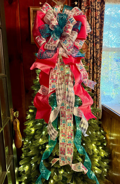 The Lilibet Pink & Turqoise Whimsical Christmas Tree Topper Bow, Nutcracker oversized bow, Big Candy cane tree topper, tree trimming bow