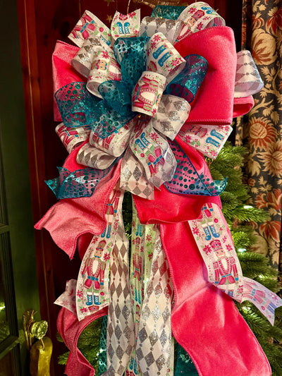The Lilibet Pink & Turqoise Whimsical Christmas Tree Topper Bow, Nutcracker oversized bow, Big Candy cane tree topper, tree trimming bow