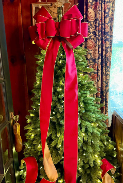 The Karina Handmade Red & Gold Bow, Velvet Christmas Tree Topper Bow, XL Luxury red ribbon topper, Handmade extra large Christmas tree bow