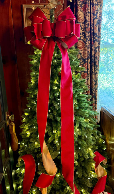 The Karina Handmade Red & Gold Bow, Velvet Christmas Tree Topper Bow, XL Luxury red ribbon topper, Handmade extra large Christmas tree bow