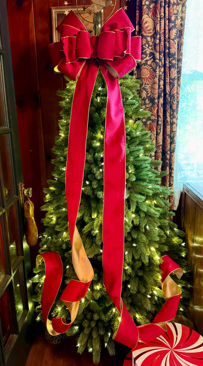 The Karina Handmade Red & Gold Bow, Velvet Christmas Tree Topper Bow, XL Luxury red ribbon topper, Handmade extra large Christmas tree bow
