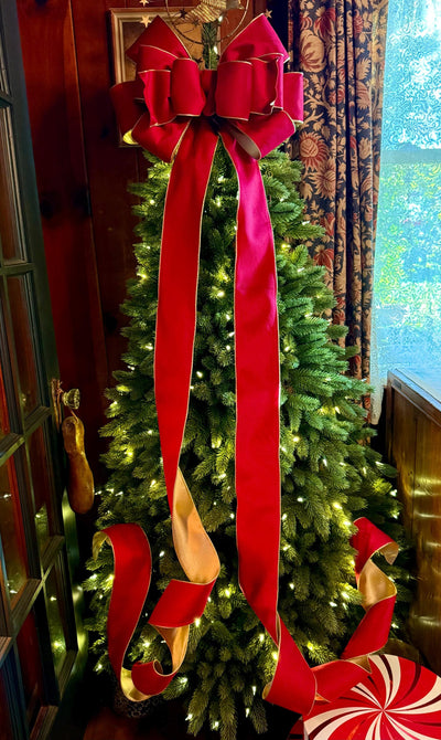 The Karina Handmade Red & Gold Bow, Velvet Christmas Tree Topper Bow, XL Luxury red ribbon topper, Handmade extra large Christmas tree bow