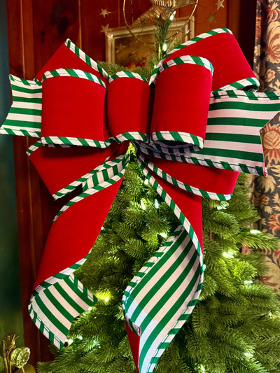 The Tabitha Red & Green Christmas Tree Topper Bow, white red stripe Bow, Xmas bow, tree trimming bow, christmas wreath bow, swag bow