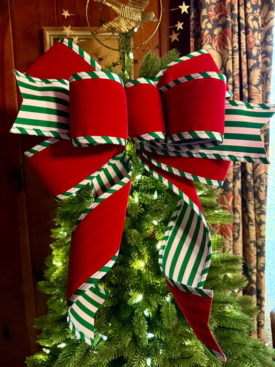 The Tabitha Red & Green Christmas Tree Topper Bow, white red stripe Bow, Xmas bow, tree trimming bow, christmas wreath bow, swag bow