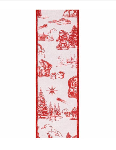 4" Wired Dupioni Ribbon | Red Christmas Toile on White w/Red Backing | 10 Yard Roll, cottage ribbon, Luxury ribbon, Craft supply, Bow making