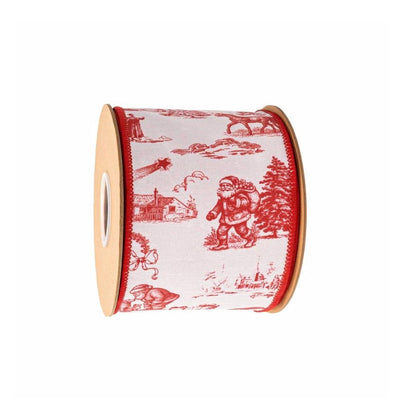 4" Wired Dupioni Ribbon | Red Christmas Toile on White w/Red Backing | 10 Yard Roll, cottage ribbon, Luxury ribbon, Craft supply, Bow making