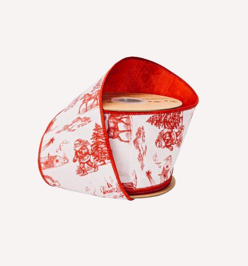 4" Wired Dupioni Ribbon | Red Christmas Toile on White w/Red Backing | 10 Yard Roll, cottage ribbon, Luxury ribbon, Craft supply, Bow making
