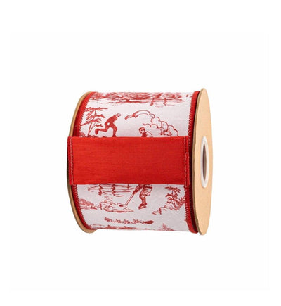 4" Wired Dupioni Ribbon | Red Christmas Toile on White w/Red Backing | 10 Yard Roll, cottage ribbon, Luxury ribbon, Craft supply, Bow making
