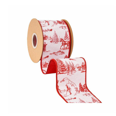 4" Wired Dupioni Ribbon | Red Christmas Toile on White w/Red Backing | 10 Yard Roll, cottage ribbon, Luxury ribbon, Craft supply, Bow making