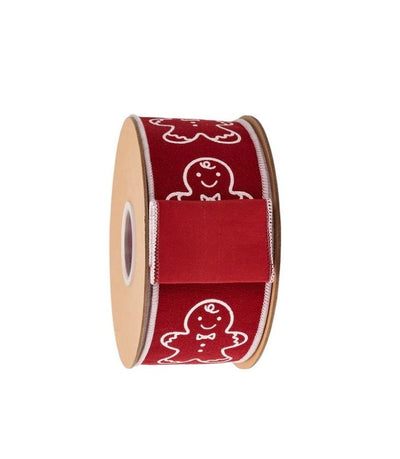 2 1/2" Wired Cotton Linen Fabric Ribbon | Printed Gingerbread on Red | 10 Yard Roll