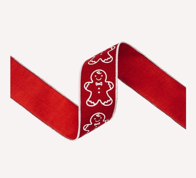 2 1/2" Wired Cotton Linen Fabric Ribbon | Printed Gingerbread on Red | 10 Yard Roll