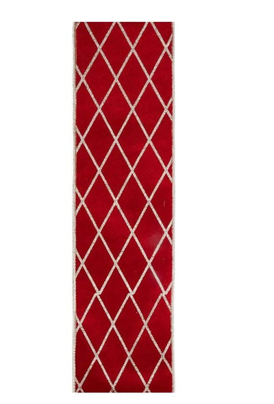 4" Wired Velvet Ribbon | Red with Glittered Diamond | 10 Yard Roll