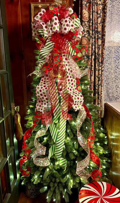 The Odessa Red & Green polka dot Christmas Tree Topper Bow, Christmas tree trimming bow, red and white bow for tree, christmas wreath bow