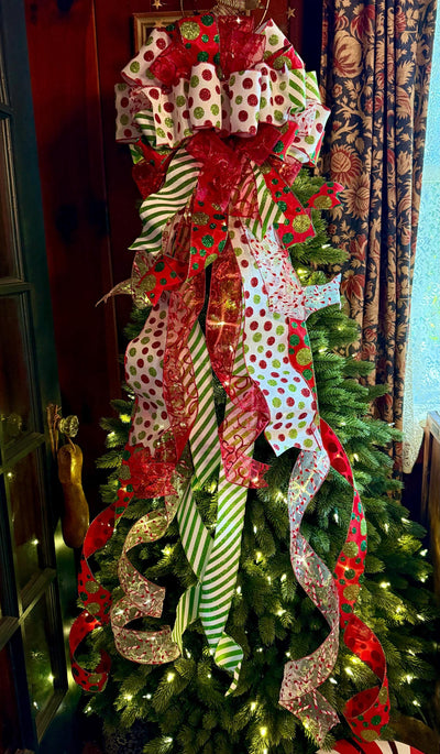 The Odessa Red & Green polka dot Christmas Tree Topper Bow, Christmas tree trimming bow, red and white bow for tree, christmas wreath bow
