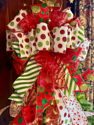 The Odessa Red & Green polka dot Christmas Tree Topper Bow, Christmas tree trimming bow, red and white bow for tree, christmas wreath bow