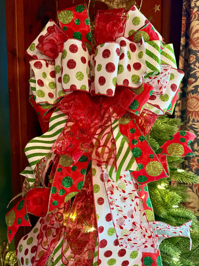 The Odessa Red & Green polka dot Christmas Tree Topper Bow, Christmas tree trimming bow, red and white bow for tree, christmas wreath bow
