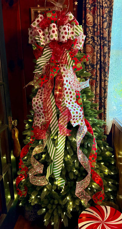 The Odessa Red & Green polka dot Christmas Tree Topper Bow, Christmas tree trimming bow, red and white bow for tree, christmas wreath bow