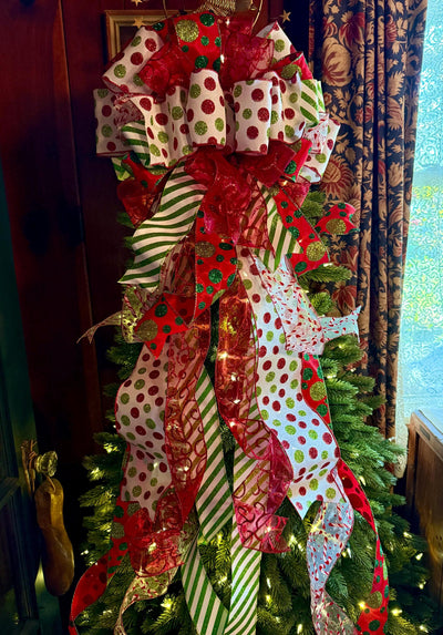 The Odessa Red & Green polka dot Christmas Tree Topper Bow, Christmas tree trimming bow, red and white bow for tree, christmas wreath bow