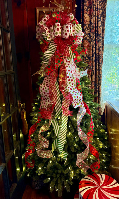 The Odessa Red & Green polka dot Christmas Tree Topper Bow, Christmas tree trimming bow, red and white bow for tree, christmas wreath bow