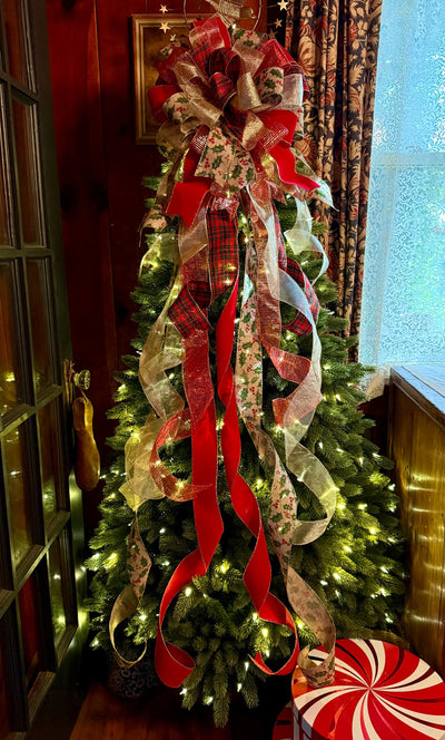 The Charlize Red & Gold Christmas Tree Topper Bow, Cardinal red velvet, long streamer bow, gold christmas tree bow, big red bow for tree