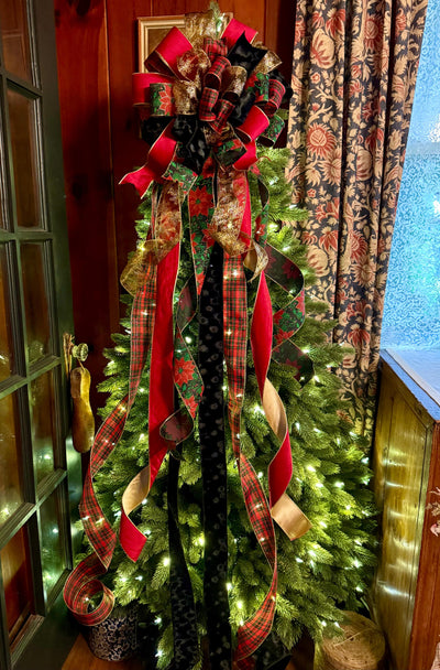 The Alastair Red Black & Gold Tartan Plaid Christmas Tree Topper Bow, XL luxury velvet topper for tree, Masculine traditional bow