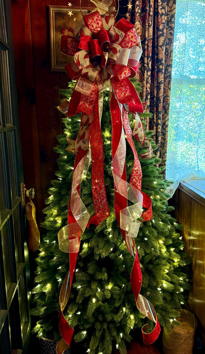 The Beverly Red & Gold Christmas Tree Topper Bow, Cardinal red velvet, long streamer bow, gold christmas tree bow, big red bow for tree