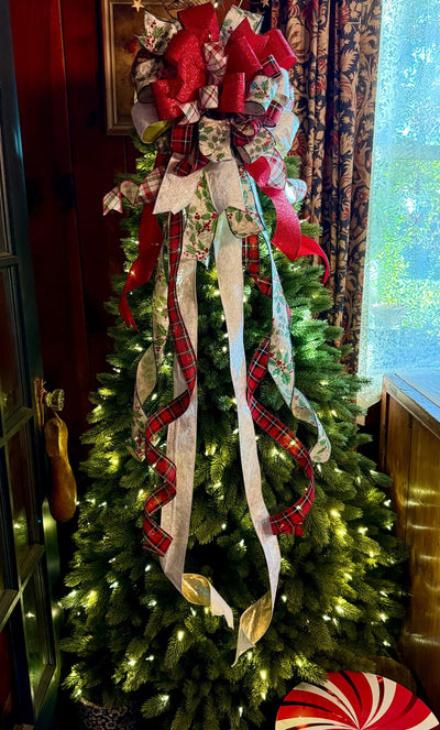 The Sharon White Red & Green Christmas Tree Topper Bow, Bow for wreaths, long streamer cottage style bow, white plaid farmhouse bow