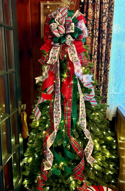 The Delilah Red & Green Christmas Tree Topper Bow, plaid long streamer bow, big red bow for tree, large wreath bow, xl tree topper