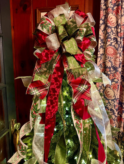 The Bridgette Red & Green Velvet Christmas Tree Topper Bow, Red gold long streamer bow, XL gold christmas tree bow, large bow for wreaths