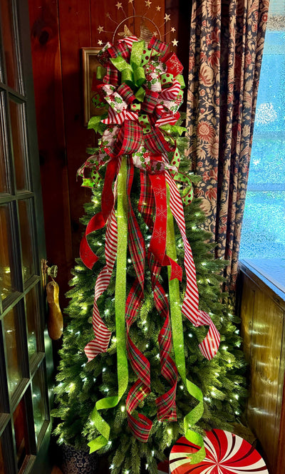 The Rachel Red White Lime Green Christmas Tree Bow, Whimsical Polka Dot Christmas Tree Topper Bow, Plaid Long Streamer Bow