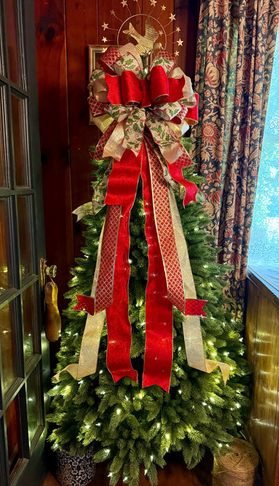 The Waverly Red & Gold Christmas Tree Topper Bow, XL velvet bow, long streamer ribbon topper, gold christmas tree bow, big red bow for tree
