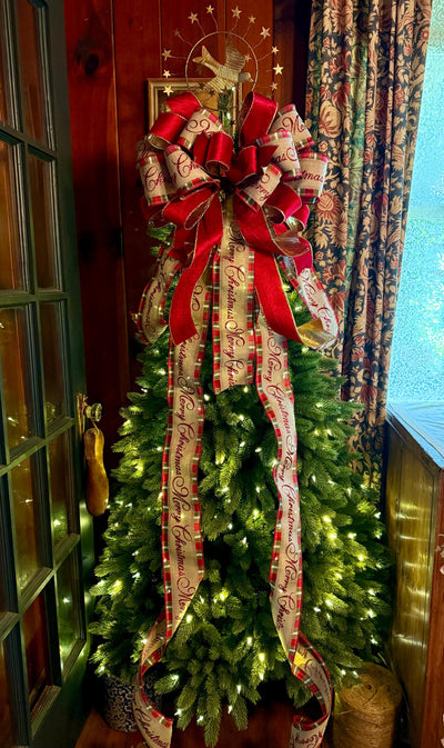 Melissa Red and Gold Plaid Christmas Tree Topper Bow, Deluxe Long Streamer bow, XL big wide red bow, velvet bow for christmas tree