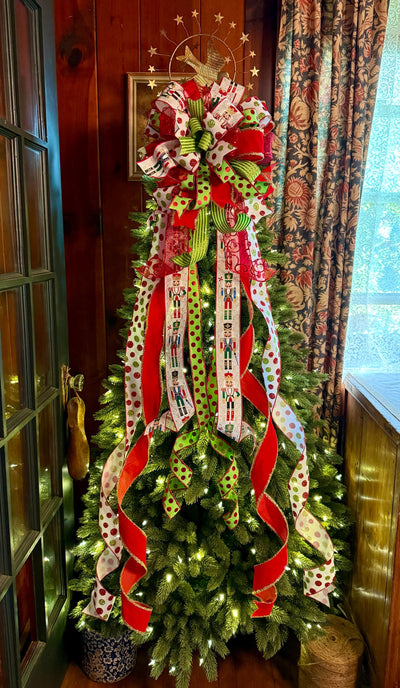 The Freya Red Green & Gold Christmas Tree Topper Bow, XL plaid bow, long streamer ribbon topper, wreath bow, gold christmas tree bow