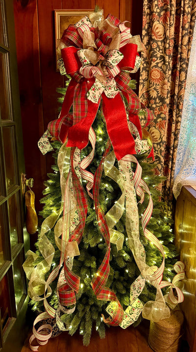 The Althea Red Green & Gold Christmas Tree Topper Bow, XL plaid bow, long streamer ribbon topper, wreath bow, gold christmas tree bow