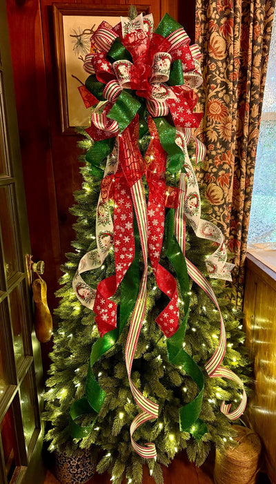 Saint Nick Christmas Tree Topper Bow, Red White Green bow, Cottage style bow for wreath, long streamer christmas tree bow