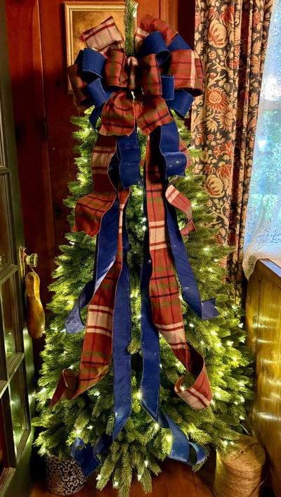 The Kieran Navy & Brown Tartan Plaid Christmas Tree Topper Bow, XL traditional christmas bow, oversize bow with long streamers, Lodge Cabin