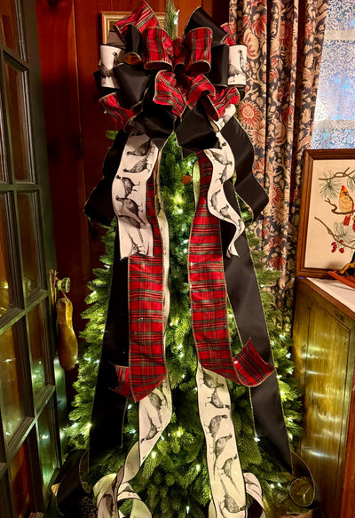 The Dorian Red Black & Gold Tartan Plaid Christmas Tree Topper Bow, XL luxury Pheasant themed topper for tree, Masculine traditional bow