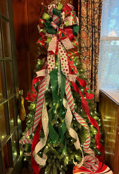 The Clarice Red White & Lime Green Whimsical Christmas Tree Topper Bow, XL Tree bow, long streamer bow, tree trimming bow, grinch bow
